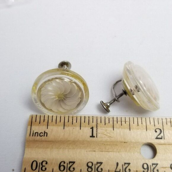 Vintage Button Conversion Clip On Earrings, Spiral Pearlescent Round Design - Picture 4 of 6